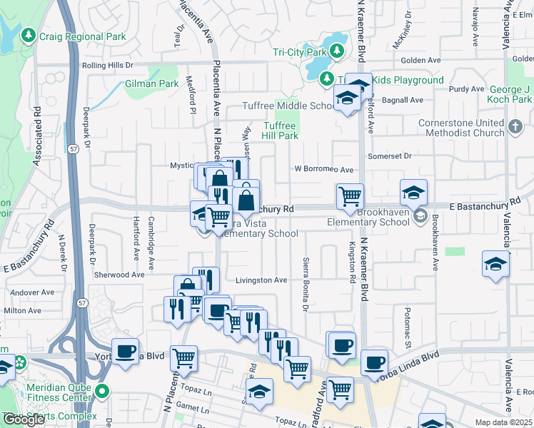 map of restaurants, bars, coffee shops, grocery stores, and more near 1825 Stanley Avenue in Placentia