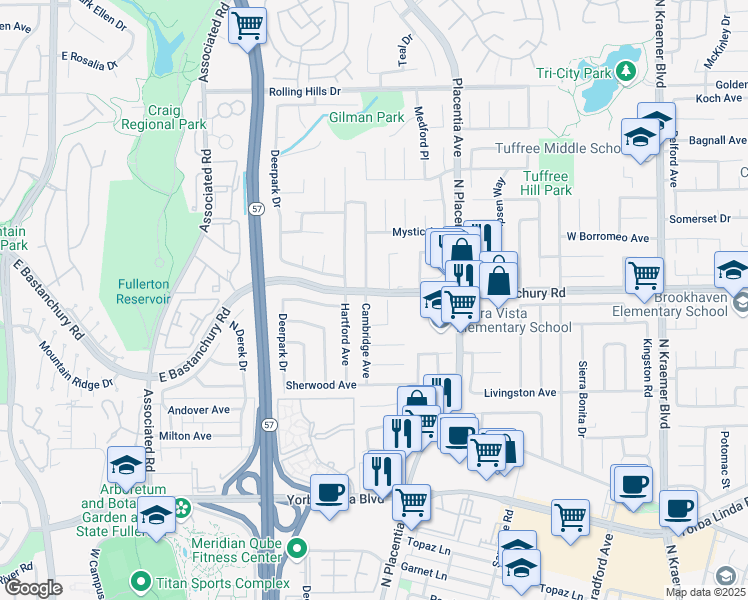 map of restaurants, bars, coffee shops, grocery stores, and more near 637 Barker Way in Placentia