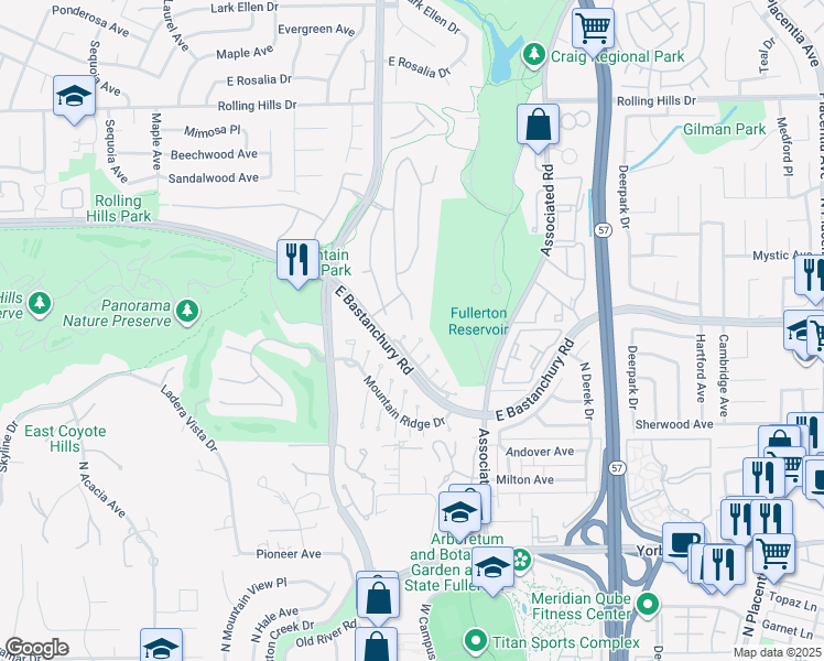 map of restaurants, bars, coffee shops, grocery stores, and more near 2412 Wildwood Court in Fullerton