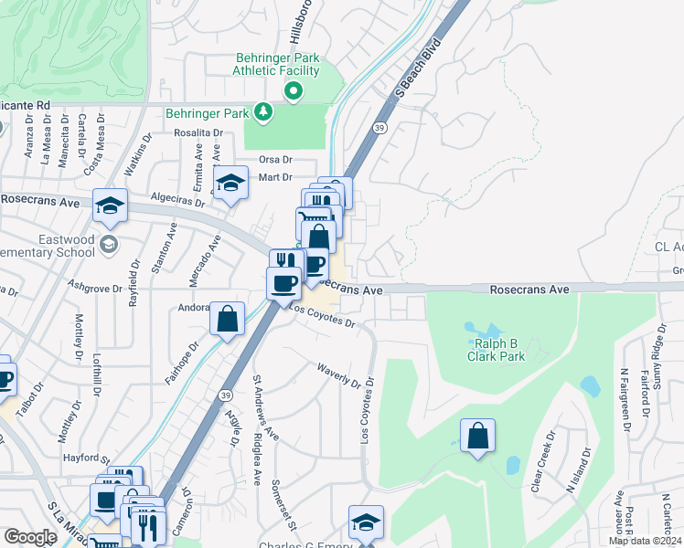 map of restaurants, bars, coffee shops, grocery stores, and more near 49 Candlewood Way in Buena Park
