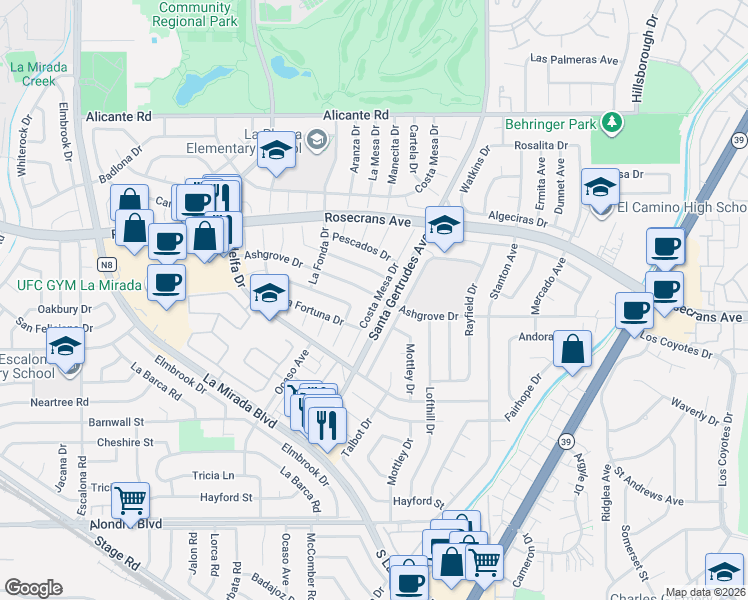 map of restaurants, bars, coffee shops, grocery stores, and more near 15578 Ashgrove Drive in La Mirada