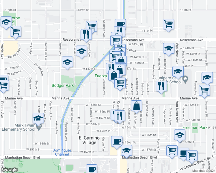 map of restaurants, bars, coffee shops, grocery stores, and more near in El Camino Village