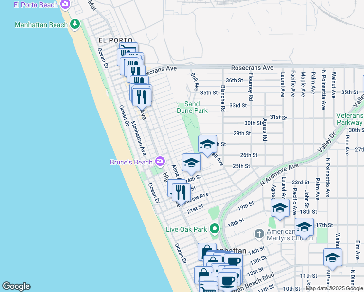 map of restaurants, bars, coffee shops, grocery stores, and more near 448 27th Street in Manhattan Beach
