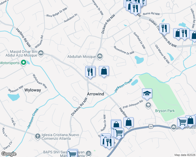 map of restaurants, bars, coffee shops, grocery stores, and more near 650 Durham Ridge Drive Northwest in Lilburn