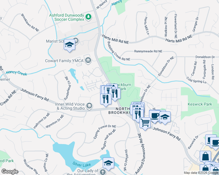 map of restaurants, bars, coffee shops, grocery stores, and more near 3566 Parkside Way in Brookhaven