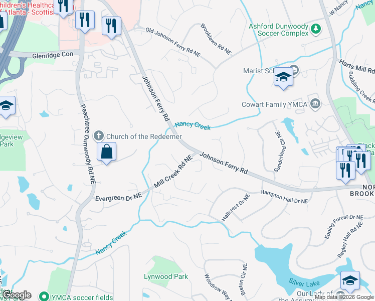 map of restaurants, bars, coffee shops, grocery stores, and more near 3664 Mill Creek Road Northeast in Atlanta