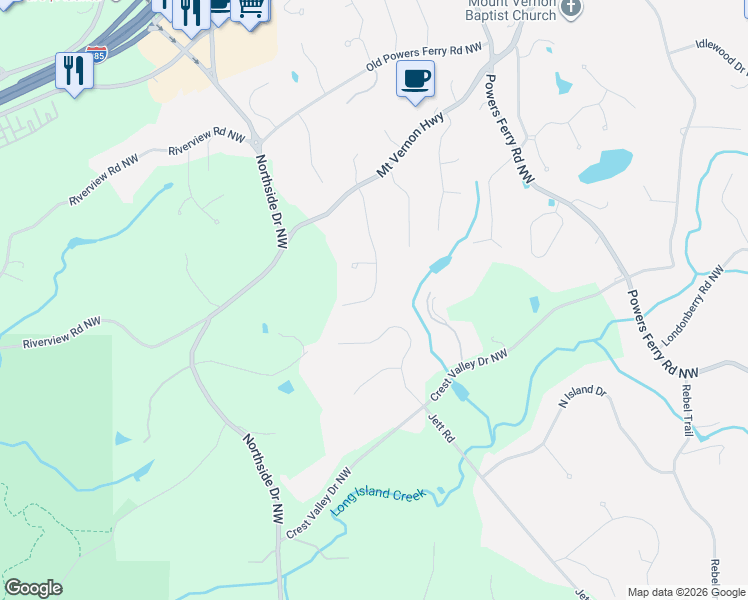 map of restaurants, bars, coffee shops, grocery stores, and more near 5145 Vernon Springs Trail Northwest in Atlanta