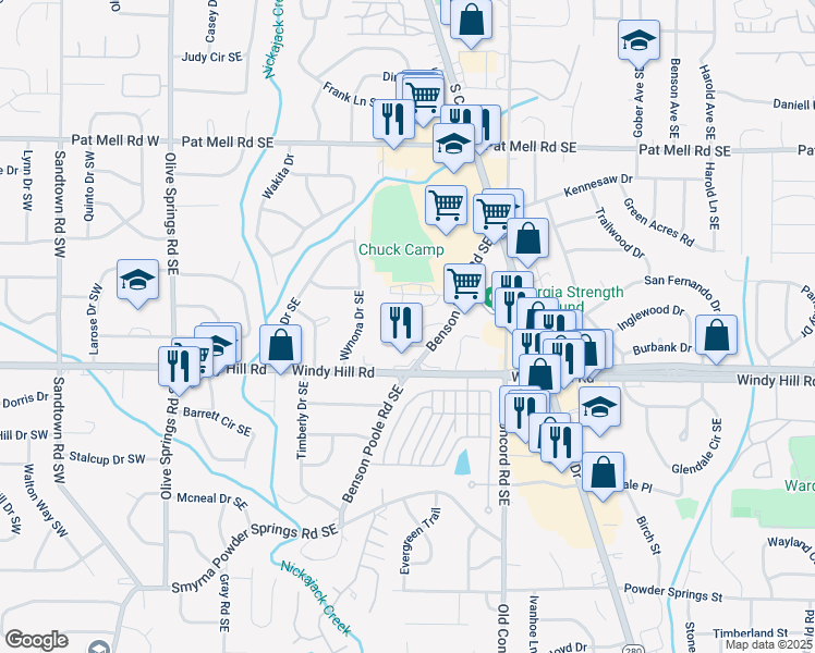 map of restaurants, bars, coffee shops, grocery stores, and more near 307 Benson Manor Circle in Smyrna