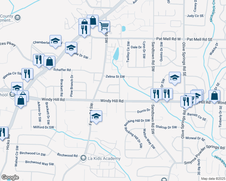 map of restaurants, bars, coffee shops, grocery stores, and more near 338 Patricia Avenue Southwest in Marietta