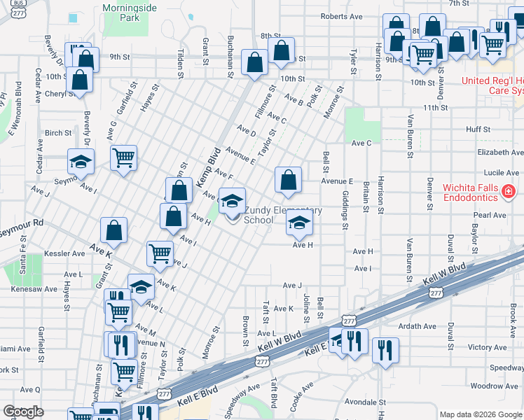 map of restaurants, bars, coffee shops, grocery stores, and more near 1612 Monroe Street in Wichita Falls