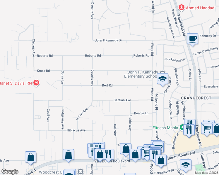 map of restaurants, bars, coffee shops, grocery stores, and more near 18681 Bert Road in Riverside