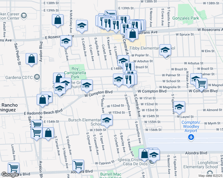 map of restaurants, bars, coffee shops, grocery stores, and more near 2301 West Compton Boulevard in Compton