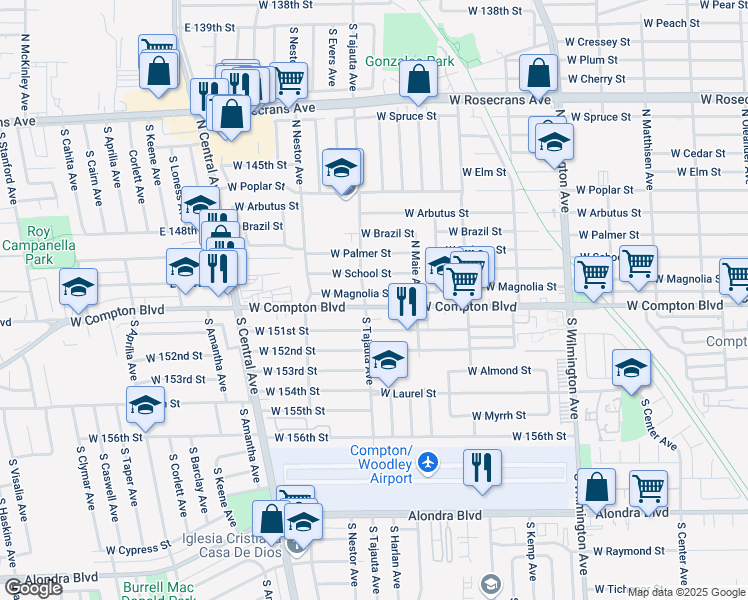 map of restaurants, bars, coffee shops, grocery stores, and more near 1342 West Magnolia Street in Compton