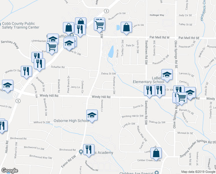 map of restaurants, bars, coffee shops, grocery stores, and more near 338 Patricia Avenue Southwest in Marietta