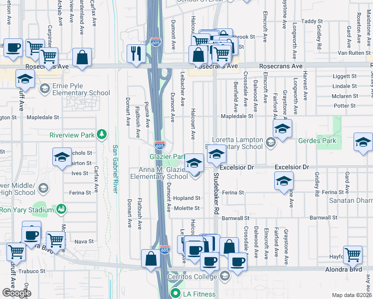 map of restaurants, bars, coffee shops, grocery stores, and more near 14802 Leibacher Avenue in Norwalk