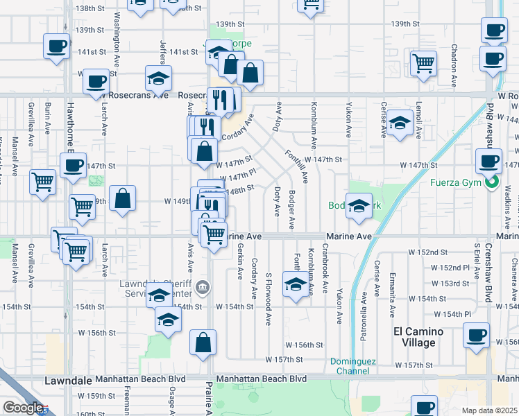map of restaurants, bars, coffee shops, grocery stores, and more near 14911 Florwood Avenue in Hawthorne
