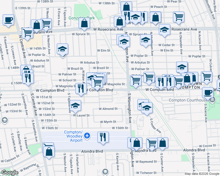 map of restaurants, bars, coffee shops, grocery stores, and more near 919 West Compton Boulevard in Compton
