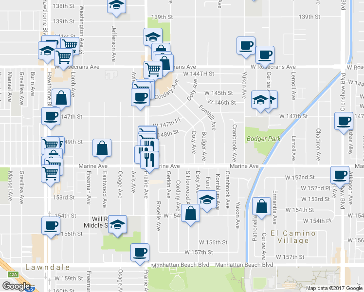 map of restaurants, bars, coffee shops, grocery stores, and more near 14911 Florwood Avenue in Hawthorne