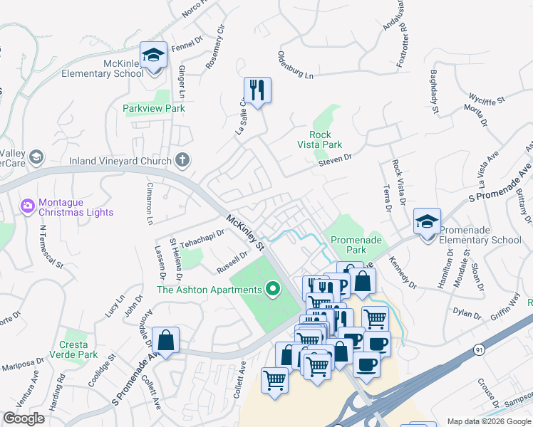 map of restaurants, bars, coffee shops, grocery stores, and more near 2250 Ascot Street in Corona