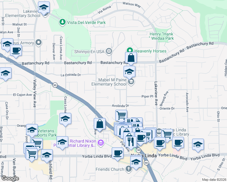 map of restaurants, bars, coffee shops, grocery stores, and more near 18128 Cari Lane in Yorba Linda