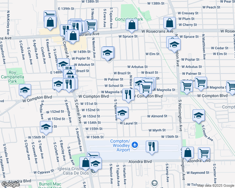 map of restaurants, bars, coffee shops, grocery stores, and more near in Compton