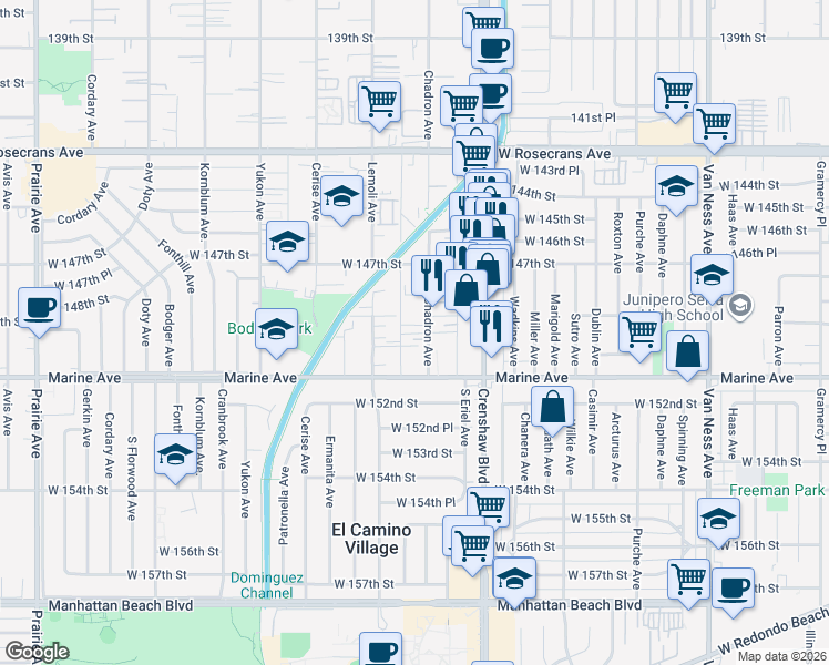 map of restaurants, bars, coffee shops, grocery stores, and more near 15001 Chadron Avenue in Gardena