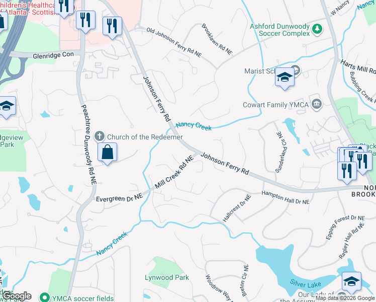 map of restaurants, bars, coffee shops, grocery stores, and more near 3664 Mill Creek Road Northeast in Atlanta
