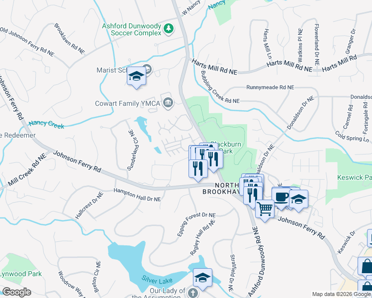 map of restaurants, bars, coffee shops, grocery stores, and more near 1416 Ashford Creek Circle Northeast in Atlanta