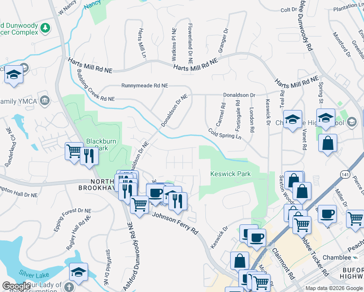 map of restaurants, bars, coffee shops, grocery stores, and more near 3674 Gambrell Lane in Atlanta