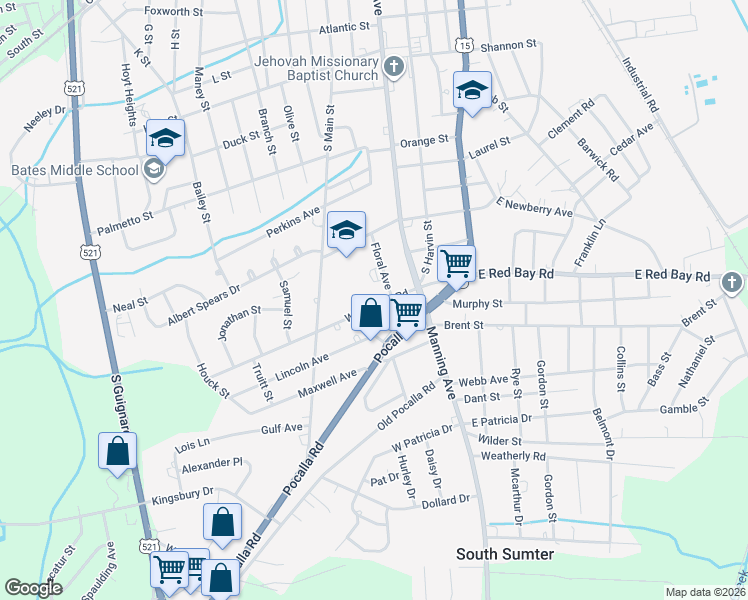 map of restaurants, bars, coffee shops, grocery stores, and more near 30 West Red Bay Road in Sumter