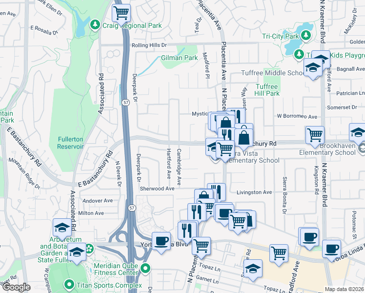 map of restaurants, bars, coffee shops, grocery stores, and more near 637 Barker Way in Placentia
