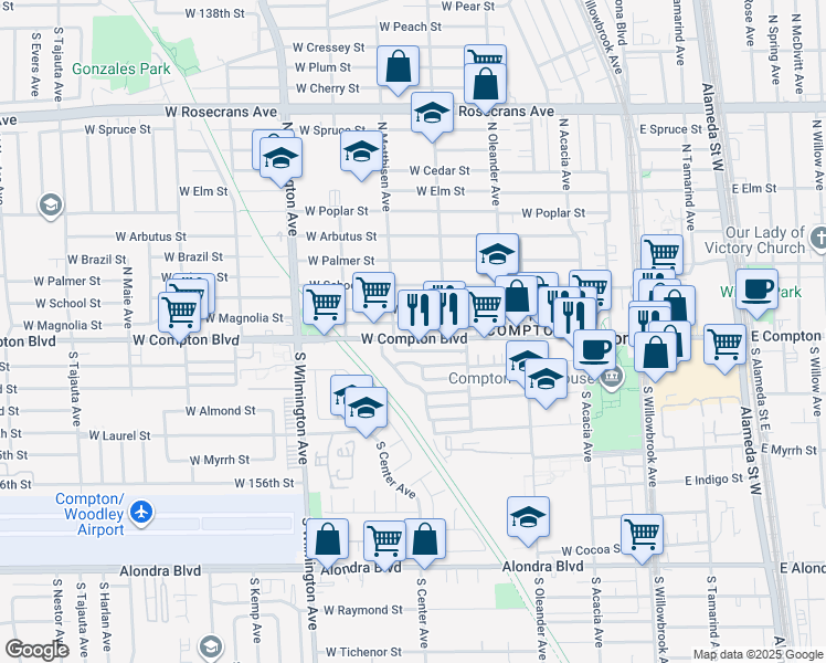 map of restaurants, bars, coffee shops, grocery stores, and more near 543 West Compton Boulevard in Compton