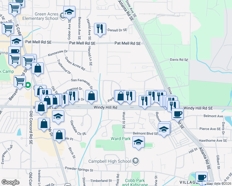 map of restaurants, bars, coffee shops, grocery stores, and more near 883 Parkway Drive in Smyrna