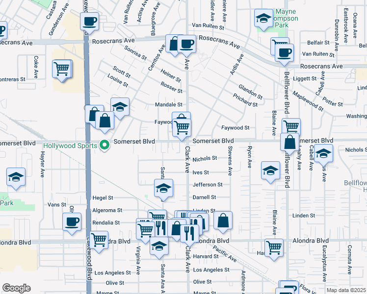map of restaurants, bars, coffee shops, grocery stores, and more near 9401 Nichols Street in Bellflower