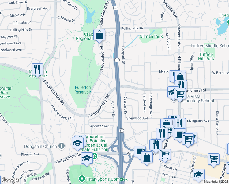 map of restaurants, bars, coffee shops, grocery stores, and more near 2725 Amherst Avenue in Fullerton