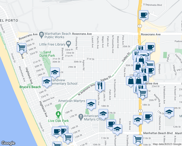 map of restaurants, bars, coffee shops, grocery stores, and more near 2623 Laurel Avenue in Manhattan Beach