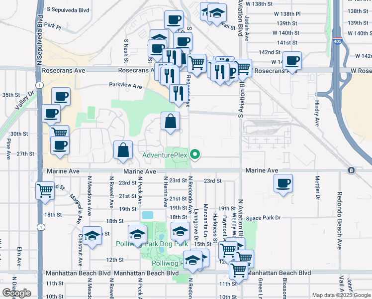 map of restaurants, bars, coffee shops, grocery stores, and more near 1625 Marine Avenue in Manhattan Beach