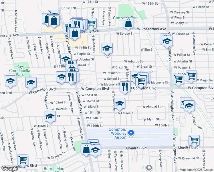 map of restaurants, bars, coffee shops, grocery stores, and more near 1418 West Magnolia Street in Compton