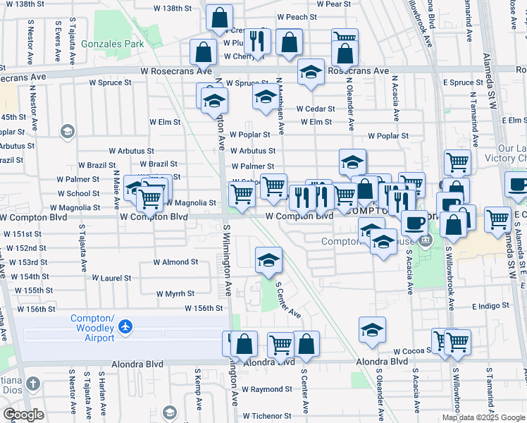 map of restaurants, bars, coffee shops, grocery stores, and more near 653 West Compton Boulevard in Compton