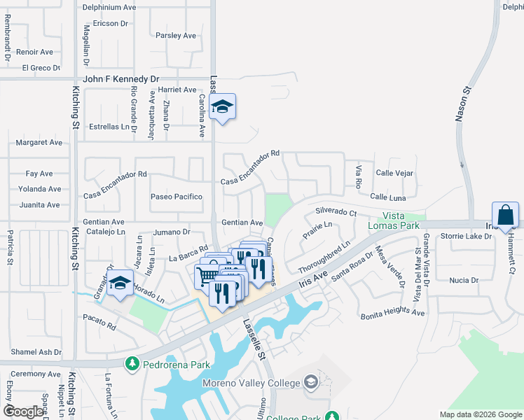 map of restaurants, bars, coffee shops, grocery stores, and more near 15465 Caballo Road in Moreno Valley