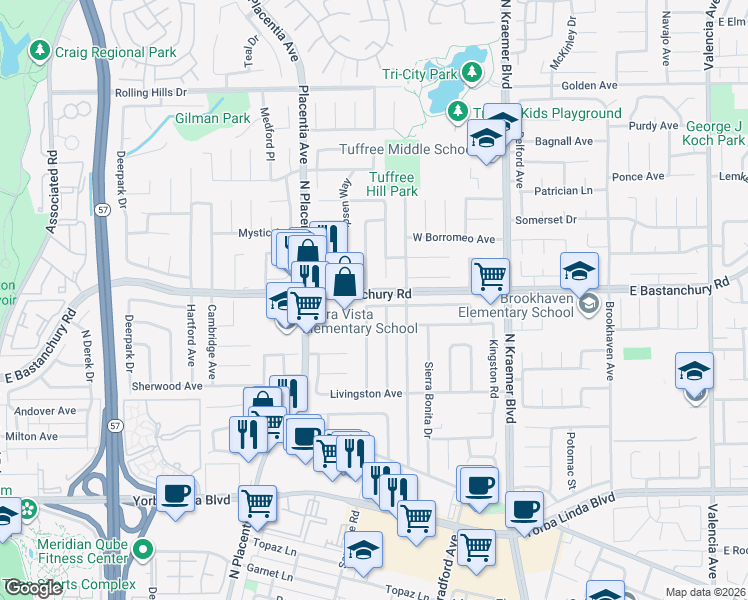 map of restaurants, bars, coffee shops, grocery stores, and more near 1825 Stanley Avenue in Placentia