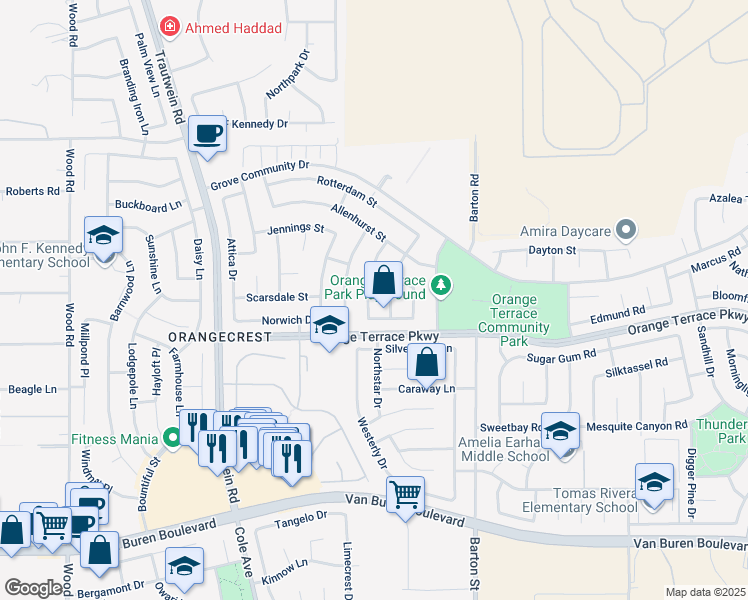 map of restaurants, bars, coffee shops, grocery stores, and more near 8550 Alexandria Street in Riverside