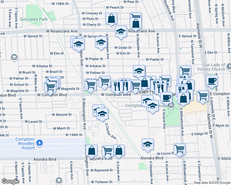 map of restaurants, bars, coffee shops, grocery stores, and more near 543 West Compton Boulevard in Compton