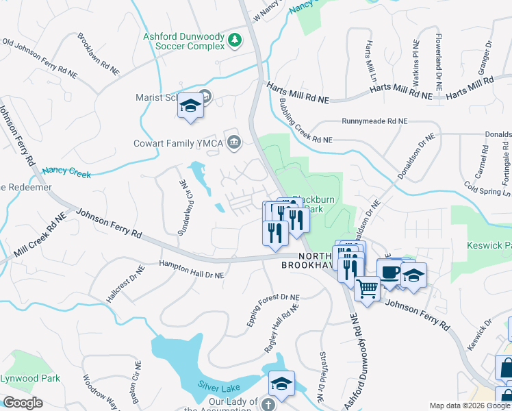 map of restaurants, bars, coffee shops, grocery stores, and more near 1408 Ashford Creek Circle Northeast in Atlanta