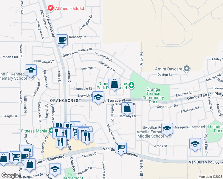 map of restaurants, bars, coffee shops, grocery stores, and more near 8550 Alexandria Street in Riverside