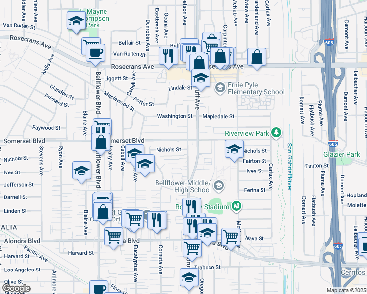 map of restaurants, bars, coffee shops, grocery stores, and more near 15112 Woodruff Place in Bellflower