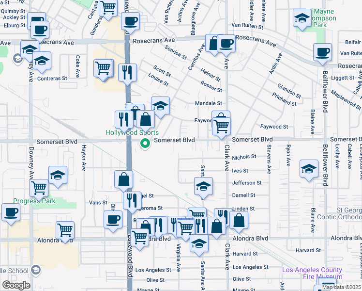 map of restaurants, bars, coffee shops, grocery stores, and more near 9200 Somerset Boulevard in Bellflower