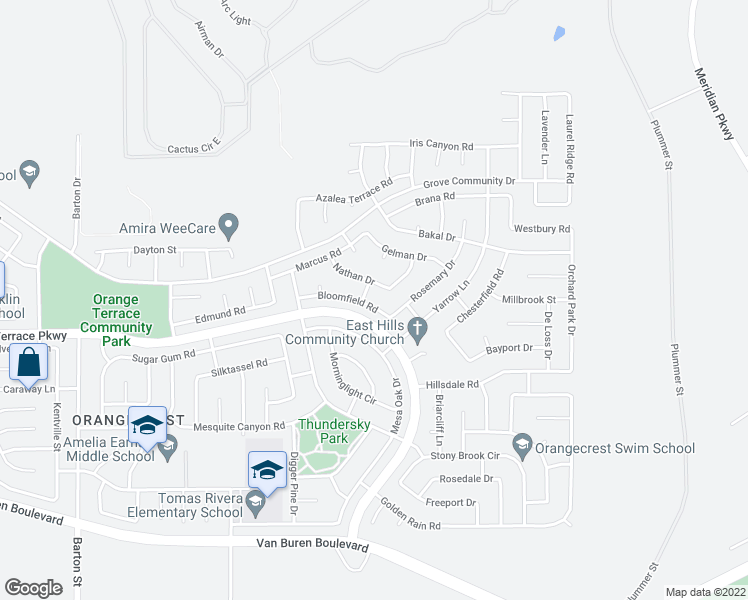 map of restaurants, bars, coffee shops, grocery stores, and more near 20560 Bloomfield Road in Riverside