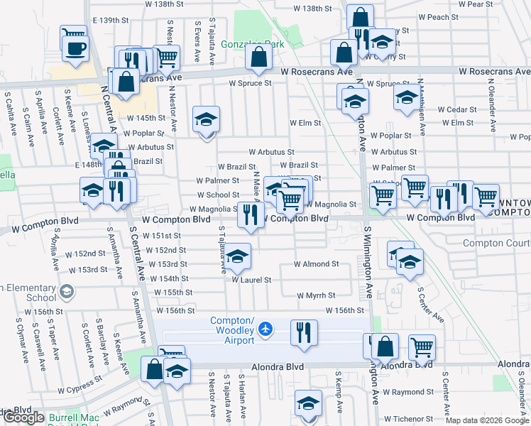 map of restaurants, bars, coffee shops, grocery stores, and more near 1206 West Magnolia Street in Compton
