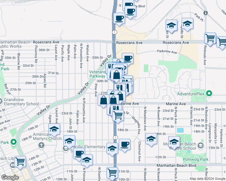 map of restaurants, bars, coffee shops, grocery stores, and more near 2705 North Sepulveda Boulevard in Manhattan Beach